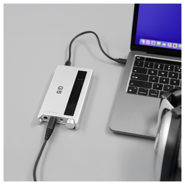 Topping G Series G5 Portable Headphone Amplifier and DAC, Silver - Connected to MacBook and headphones