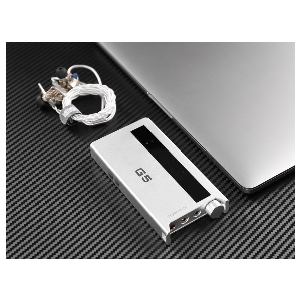 Topping G Series G5 Portable Headphone Amplifier and DAC, Silver - Next to MacBook and IEMs
