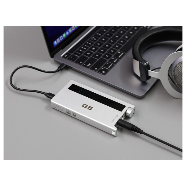 Topping G Series G5 Portable Headphone Amplifier and DAC, Silver - Connected to MacBook and headphones