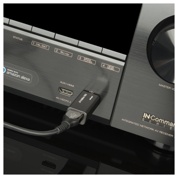 AudioQuest Jitterbug FMJ USB Filter - Lifestyle Image, in AV receiver with Carbon USB cable