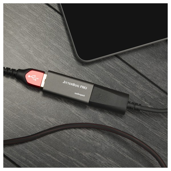 AudioQuest Jitterbug FMJ USB Filter - Lifestyle Image, used with tablet, AudioQuest DragonTail and Cinnamon USB cable