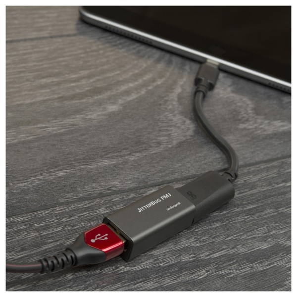 AudioQuest Jitterbug FMJ USB Filter - Lifestyle Image, used with tablet, AudioQuest DragonTail and Cinnamon USB cable