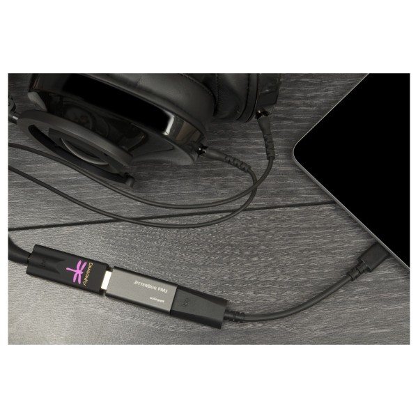 AudioQuest Jitterbug FMJ USB Filter - Lifestyle Image, used with tablet, AudioQuest DragonTail and Cinnamon USB cable and headph