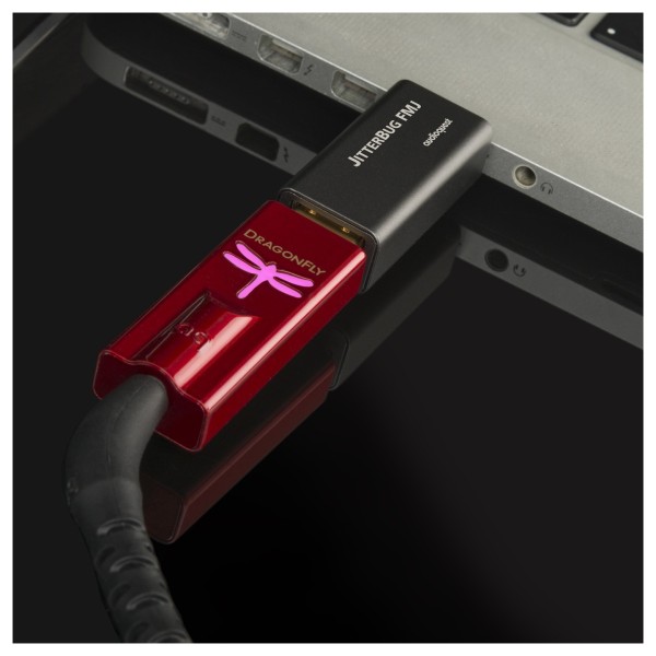 AudioQuest Jitterbug FMJ USB Filter - Lifestyle Image, used with MacBook and DragonFly Red