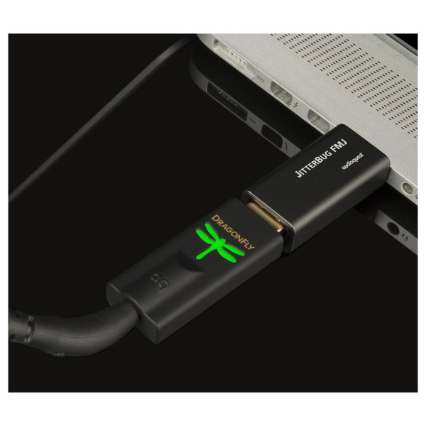 AudioQuest Jitterbug FMJ USB Filter - Lifestyle Image, used with MacBook and DragonFly Black