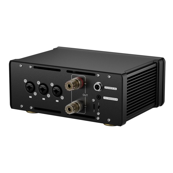 Topping Pre Series B200 Class AB Power Amplifier, Black - Rear view angled, showcasing speakers terminals and trigger input