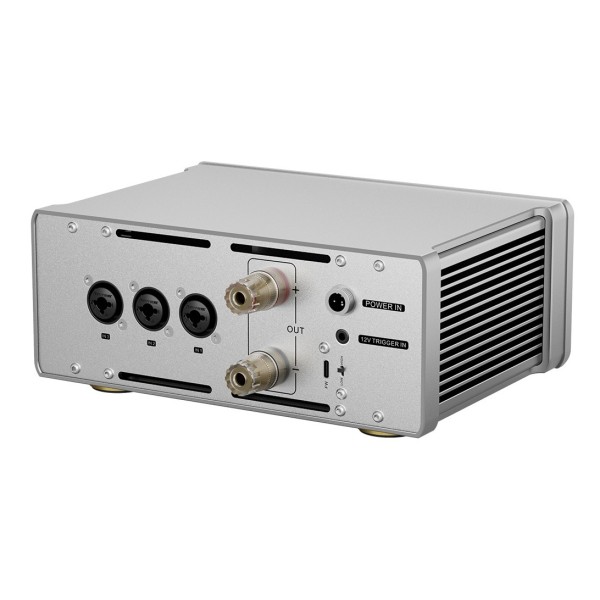 Topping Pre Series B200 Class AB Power Amplifier, Silver - Rear view, angled, highlighting speaker terminals and trigger input