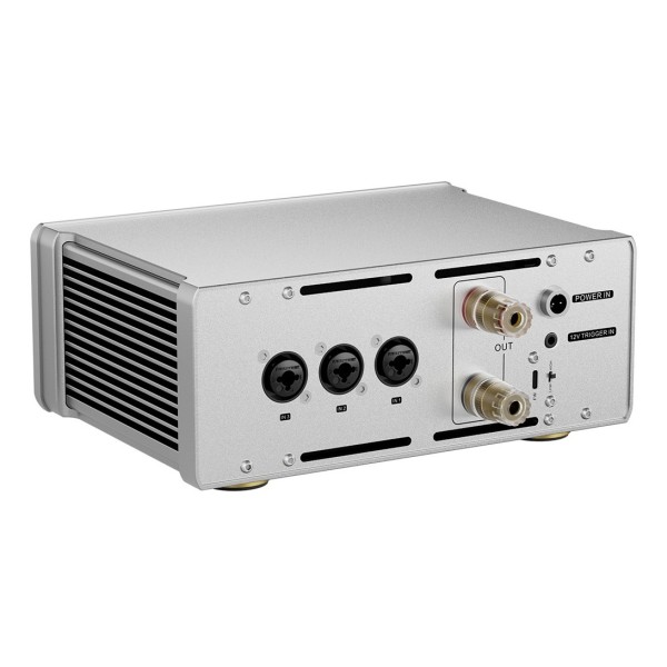 Topping Pre Series B200 Class AB Power Amplifier, Silver - Rear view, angled, highlighting TRS and XLR combo inputs