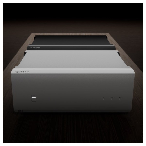 Topping Pre Series B200 Class AB Power Amplifier, Silver - Lifestyle view with Pre 90 Preamplifier - Beauty image