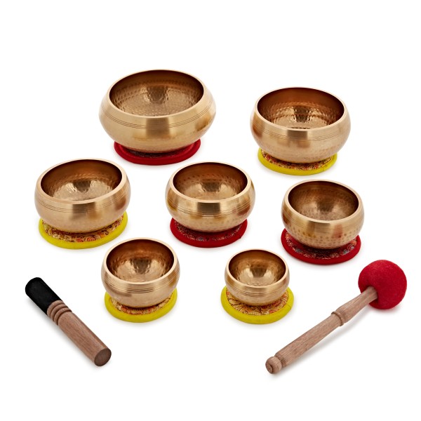 Gear4music Life Seven Piece Hammered Brass Singing Bowl Set