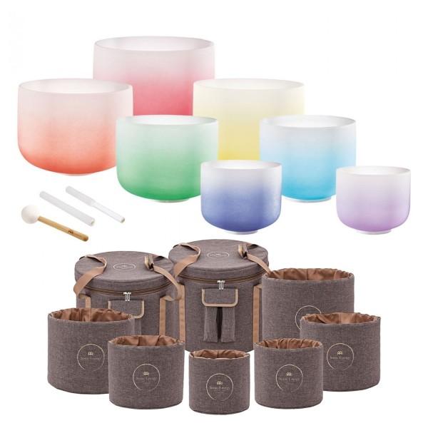 Meinl Colour Frosted Crystal Singing Bowl Chakra Set with Sleeves & Travel Carry Bags, Brown