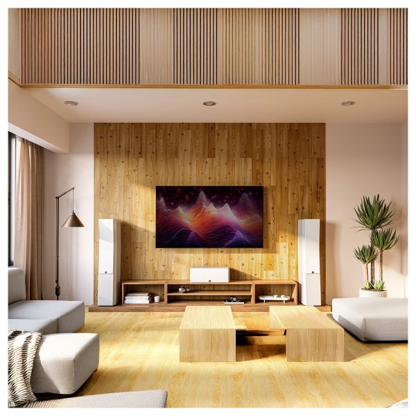 SVS Ultra Evolution Pinnacle Floor Standing Tower Loudspeaker (Pair), Piano Gloss White - white in wood tone room 
