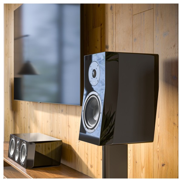 SVS Ultra Evolution Nano Bookshelf Loudspeaker (Pair), Piano Gloss Black - Lifestyle Image with Ultra Evolution Centre in the ba