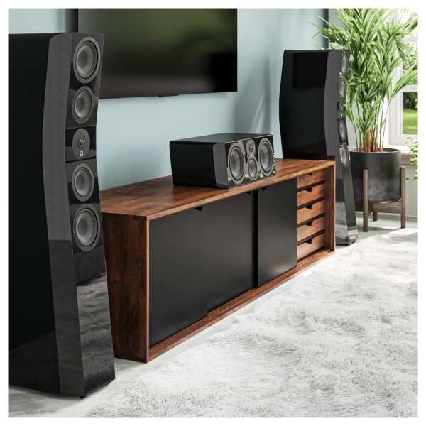 SVS Ultra Evolution Centre Loudspeaker, Piano Gloss Black - Lifestyle Image, with Ultra Evolution Floorstanding Speaker