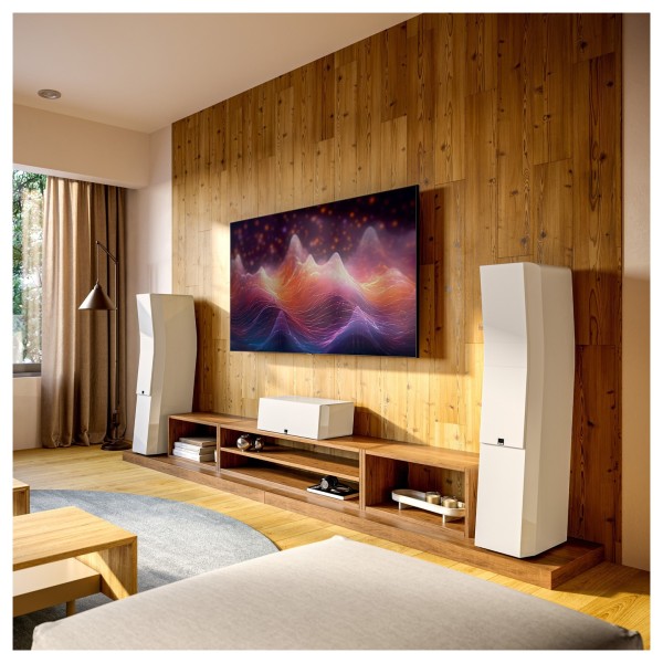 SVS Ultra Evolution Centre Loudspeaker, Piano Gloss White - Lifestyle image, home cinema system with Ultra Evolution Floorstandi