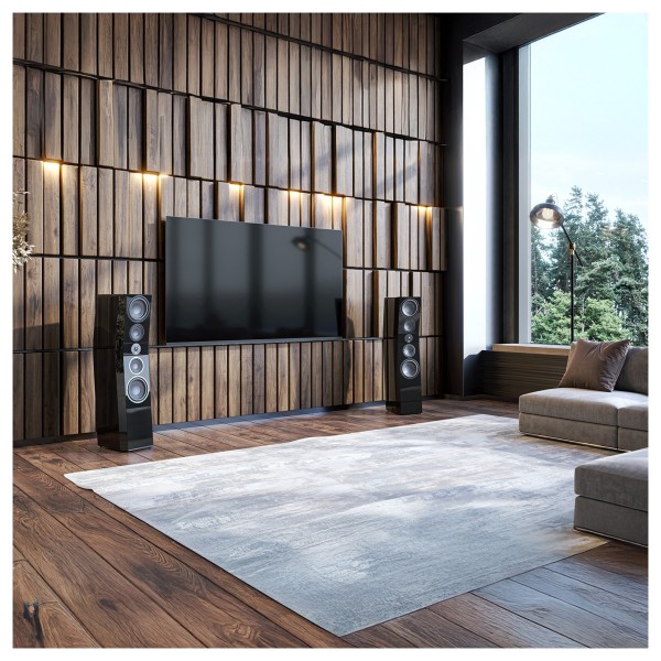 SVS Ultra Evolution Tower Floor Standing Loudspeaker (pair), Piano Gloss Black - well lit room with big window and wooden wall  