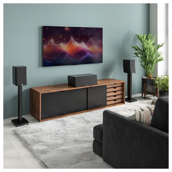 SVS Ultra Evolution Bookshelf Loudspeaker (pair), Piano Gloss White - blue room wide with centre 