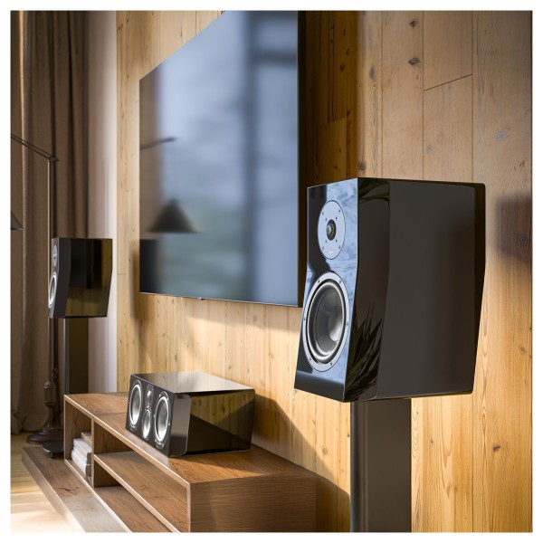 SVS Ultra Evolution Bookshelf Loudspeaker (pair), Piano Gloss White - wooden room acute angle 