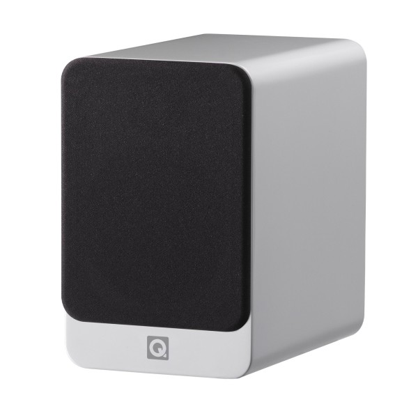 Q Acoustics Concept 20 Bookshelf Speakers (Pair), Gloss White - Angled with grille attached