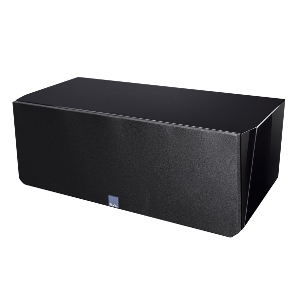 SVS Ultra Centre Speaker (Single), Black Gloss - Angled, top-down view with grille attached