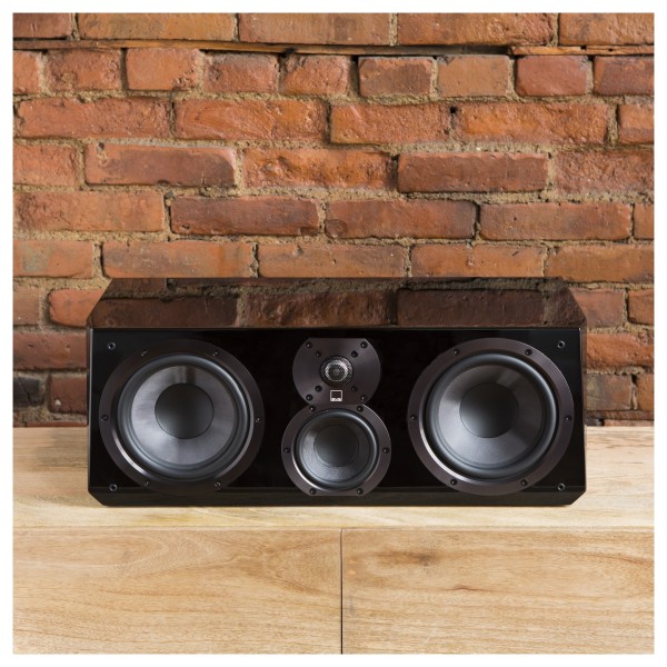 SVS Ultra Centre Speaker (Single), Black Gloss - Lifestyle image, on media cabinet near wall