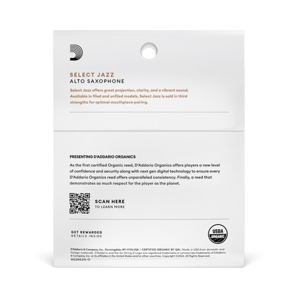 D'Addario Organic Select Jazz Unfiled, Alto Saxophone Reeds, 2S (3 Pack) - Back