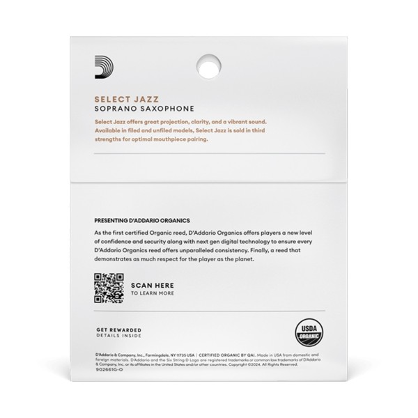 D'Addario Organic Select Jazz Unfiled, Soprano Saxophone Reeds, 3S (3 Pack)