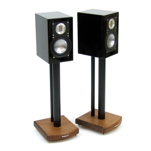 Atacama Moseco 5 Speaker Stands (Pair), Dark Bamboo / Satin Black - Angled with ELAC BS 243 Bookshelf Speakers mounted on top