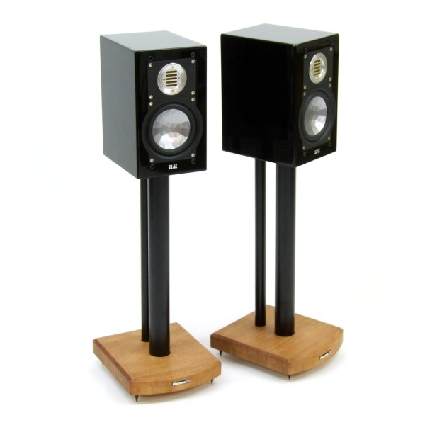 Atacama Moseco 5 Speaker Stands (Pair), Natural Bamboo / Satin Black - Angled with ELAC BS 243 Bookshelf Speakers mounted on top