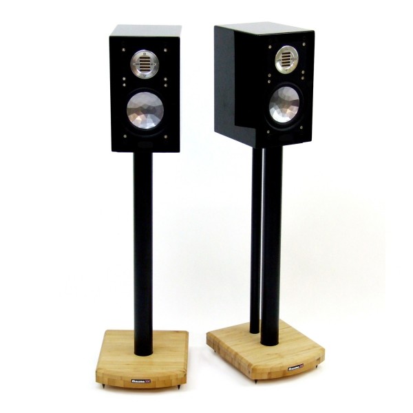 Atacama Moseco 6 Speaker Stands (Pair), Natural Bamboo / Satin Black - With ELAC BS 243 Bookshelf Speaker mounted on top