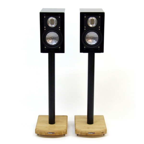 Atacama Moseco 6 Speaker Stands (Pair), Natural Bamboo / Satin Black - With ELAC BS 243 Bookshelf Speaker mounted on top, front 