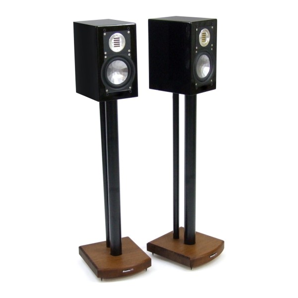 Atacama Moseco 7 Speaker Stands (Pair), Dark Bamboo / Satin Black - Lifestyle Image with ELAC BS 243 Bookshelf Speaker mounted o