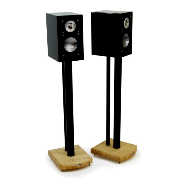 Atacama Moseco 7 Speaker Stands (Pair), Natural Bamboo / Satin Black - Lifestyle image with ELAC BS 243 Bookshelf Speaker mounte