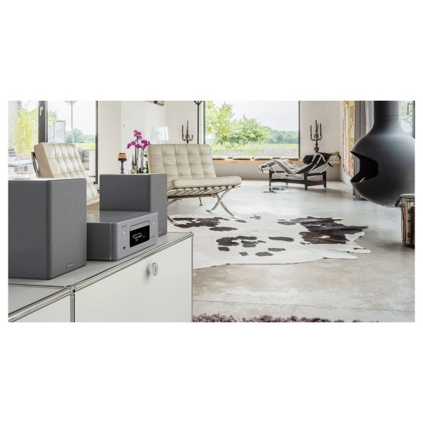 Denon CEOL RCD-N10 Network CD Music System, Gloss Grey - Lifestyle image, in living room with SCN10 Bookshelf Speakers