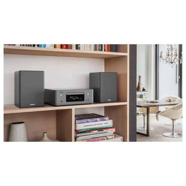 Denon CEOL RCD-N10 Network CD Music System, Gloss Grey - Lifestyle image, in living room with SCN10 Bookshelf Speakers
