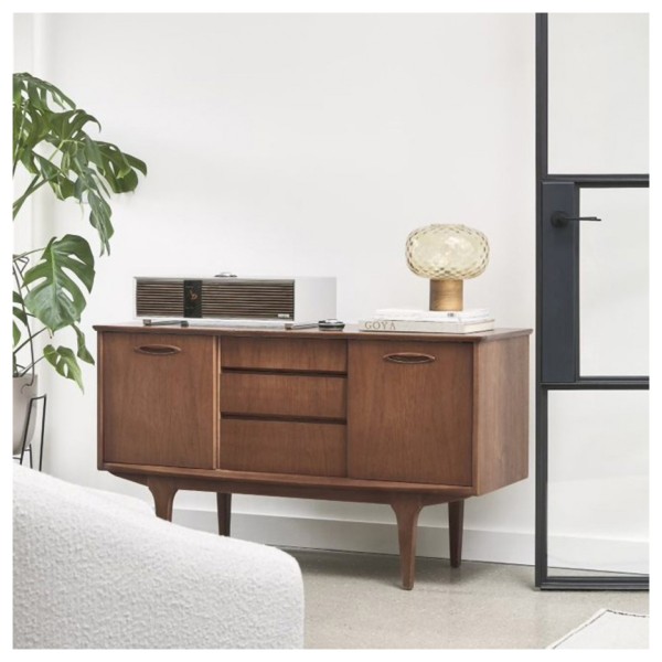Ruark R410 Integrated Music System in Soft Grey with Half Price RCD100 USB CD Player - wooden side table 