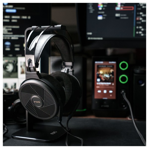 FiiO FT5 Open-Back Planar Magnetic Headphones, Black - Lifestyle Image, connected to FiiO R7 Desktop Streaming Player