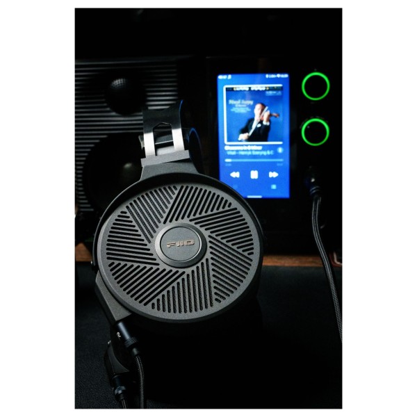 FiiO FT5 Open-Back Planar Magnetic Headphones, Black - Lifestyle Image, connected to FiiO R7 Desktop Streamer