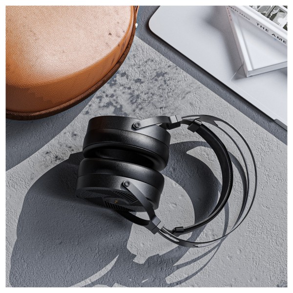 FiiO FT5 Open-Back Planar Magnetic Headphones, Black - Lifestyle Image and travel case