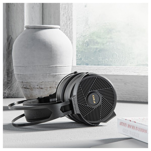 FiiO FT5 Open-Back Planar Magnetic Headphones, Black - Lifestyle Image, resting on side