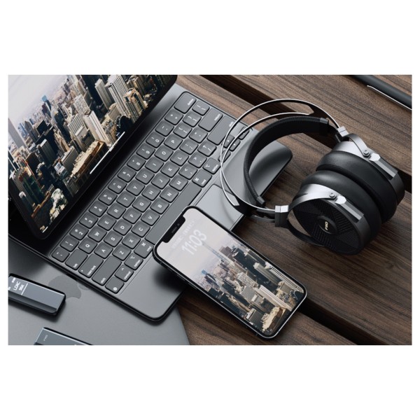 FiiO FT5 Open-Back Planar Magnetic Headphones, Black - Lifestyle Image, resting on laptop