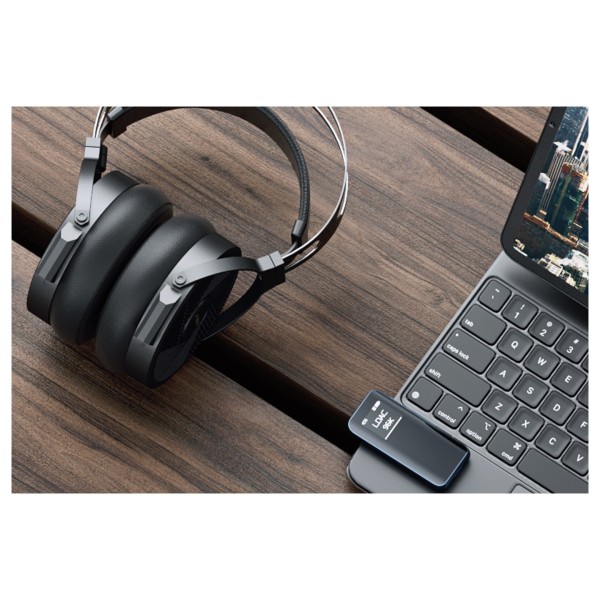 FiiO FT5 Open-Back Planar Magnetic Headphones, Black - Lifestyle Image, next to FiiO BTR15 Bluetooth DAC and Headphone Amp