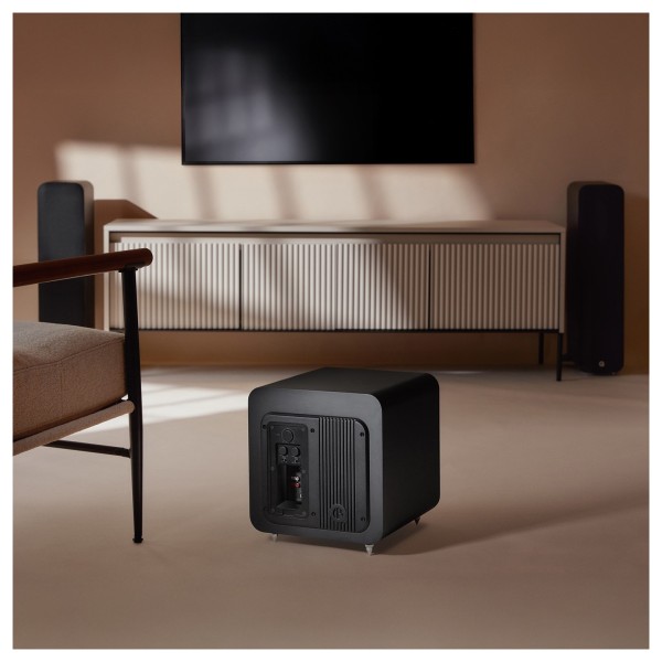 Q Acoustics Q SUB80 Subwoofer, Satin Black - rear living room lifestyle 