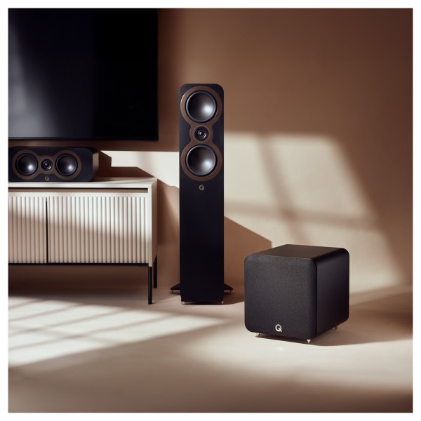 Q Acoustics Q SUB80 Subwoofer, Satin Black - lifestyle, sub 3000 and centre 