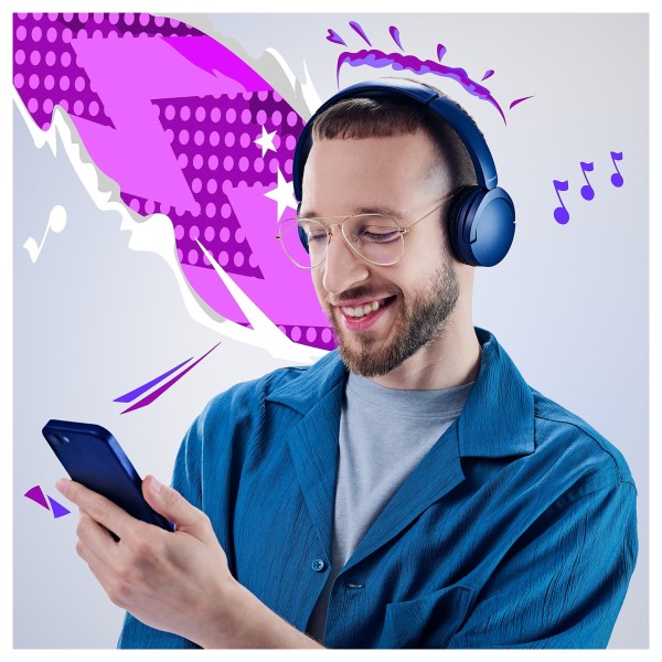 Panasonic RB-HF630B Wireless Stereo Headphones, Blue - Lifestyle image, modelled, Bluetooth connected to phone