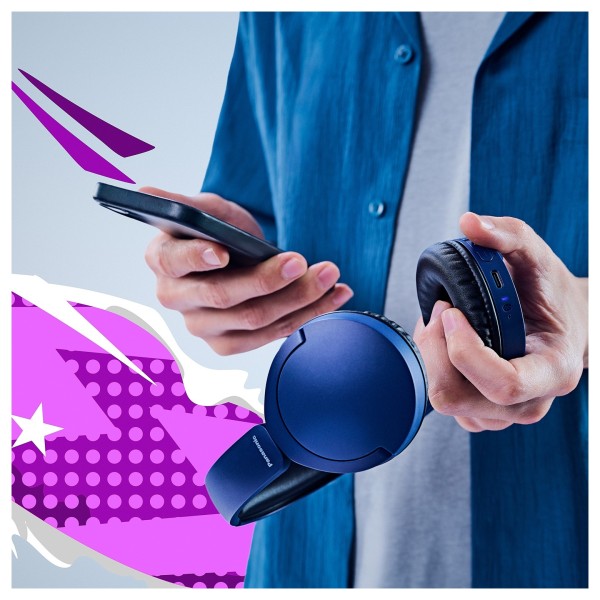 Panasonic RB-HF630B Wireless Stereo Headphones, Blue - Lifestyle image, wirelessly connected to smart phone