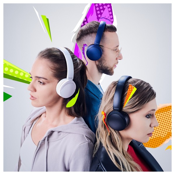 Panasonic RB-HF630B Wireless Stereo Headphones, White, Black, and Blue modelled