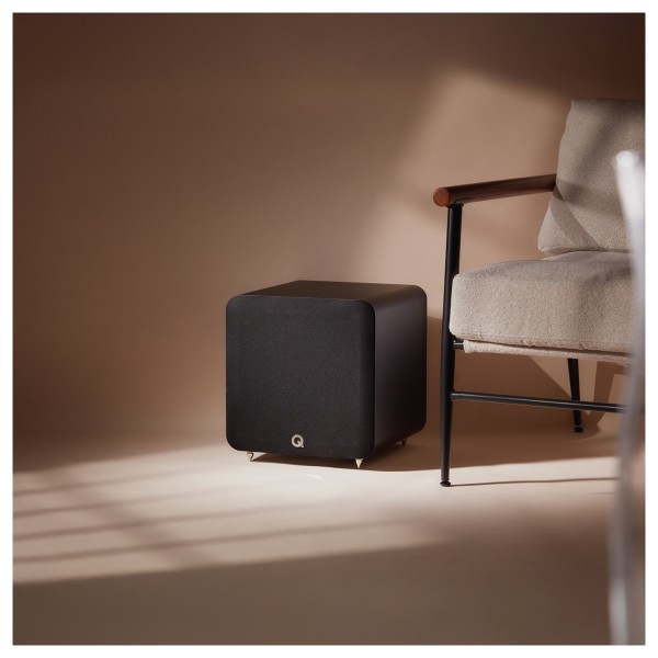 Q Acoustics Q SUB100 Subwoofer, Satin Black - sub and chair 