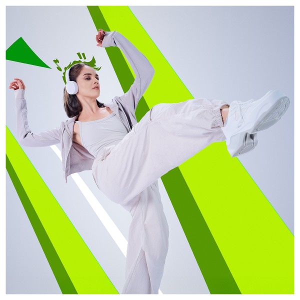 Panasonic RB-HF630B Wireless Stereo Headphones, White - Lifestyle Image, modelled, dance