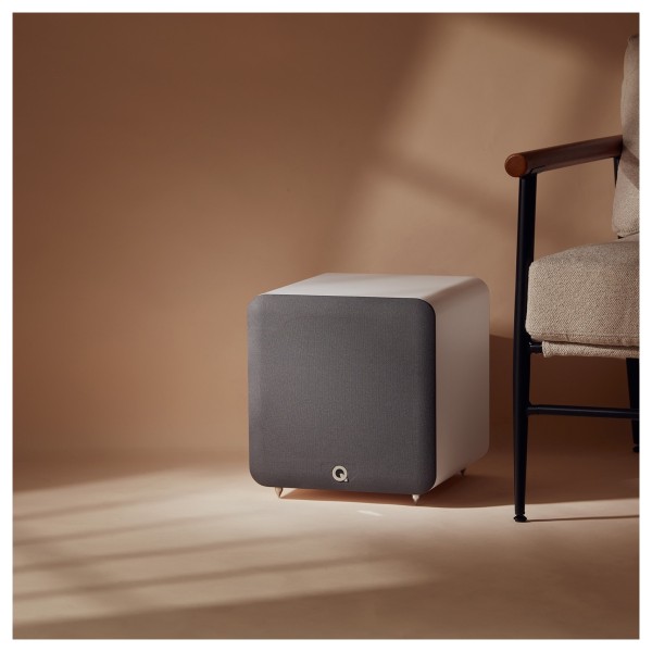 Q Acoustics Q SUB100 Subwoofer, Satin White - sub and chair 